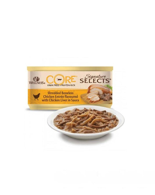 Wellness CORE Signature Selects Shredded Boneless Chicken Entree Flavoured with Chicken Liver in Sauce for Cat, 79g